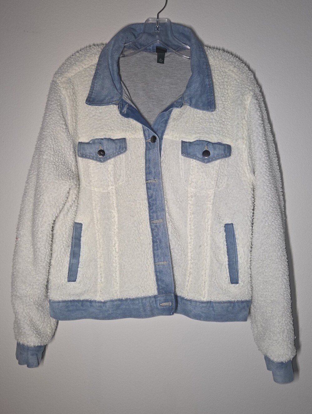 Wild Fable Ivory Sherpa Teddy Jacket with Light Blue Denim Trim
